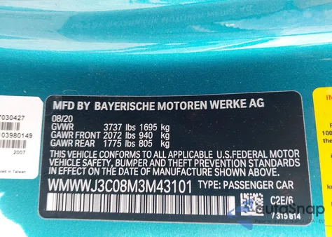 2021 Mini Convertible Cooper из США, поврежденный, VIN WMWWJ3C08M3M43101